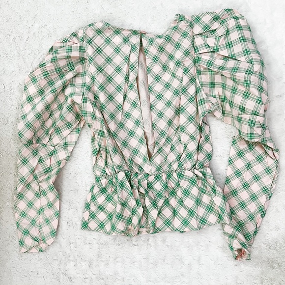 NWT- Dolls Kill DAISY STREET Balloon Pink/Green Puff Sleeved Plaid Ruffle Top - Picture 2 of 12